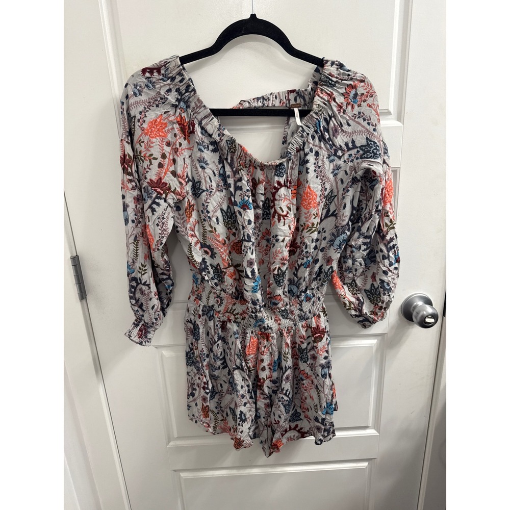 Free People Floral Smocked Waist Romper Gray Multi Color Boho Long Sleeve Small